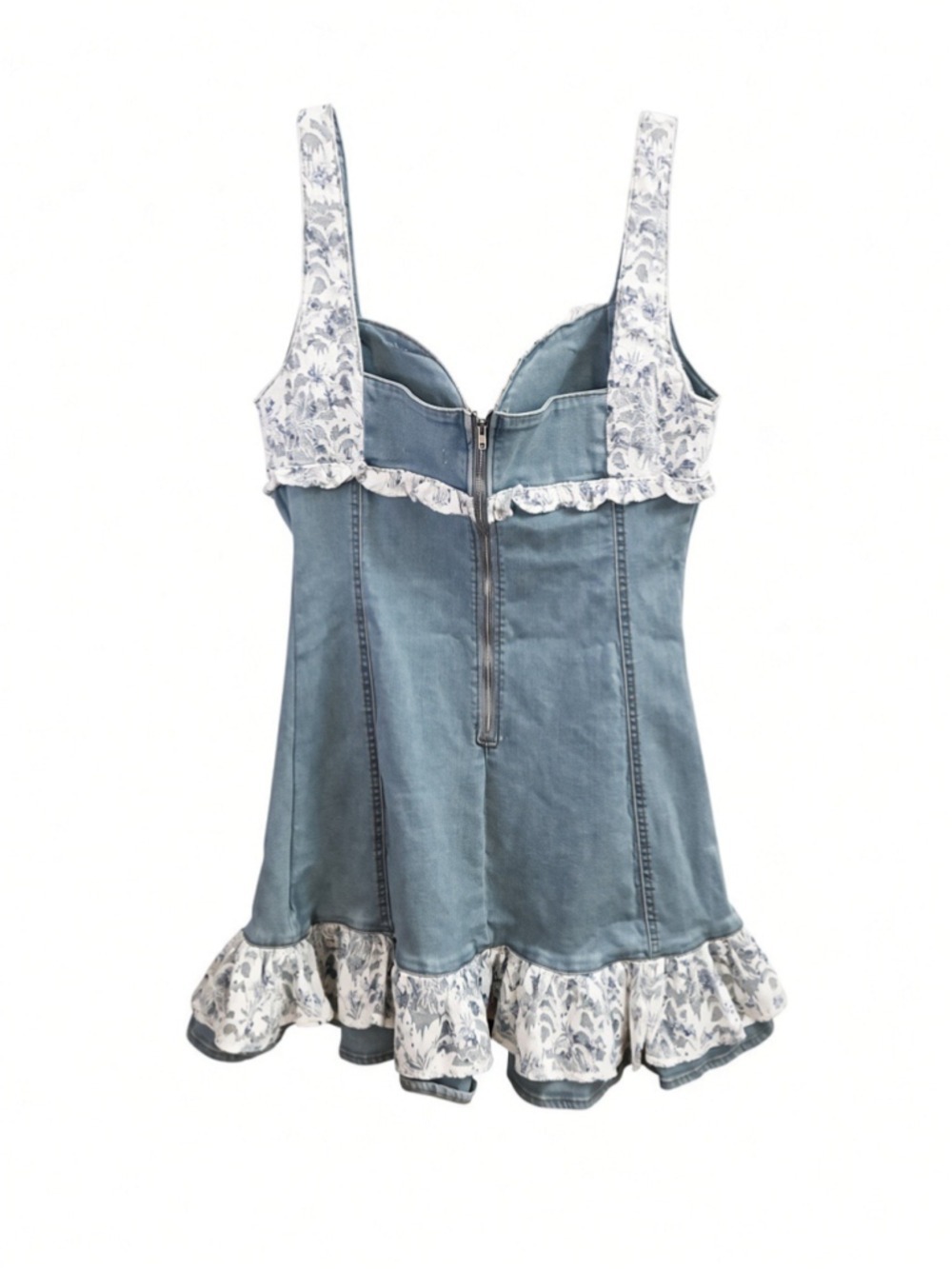 The Vintage Shop Blue Stretch Denim Lace Trim Ruffle Mini Dress Sweetheart L - Picture 8 of 14